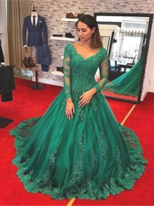 Long Sleeves Beaded Lace Long Prom Dresses Formal Evening Gowns 995011413