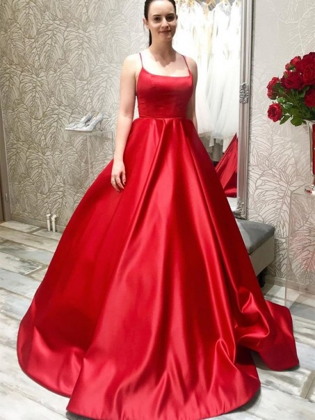 A-Line Long Red Satin Prom Dresses Formal Evening Gowns 995011416