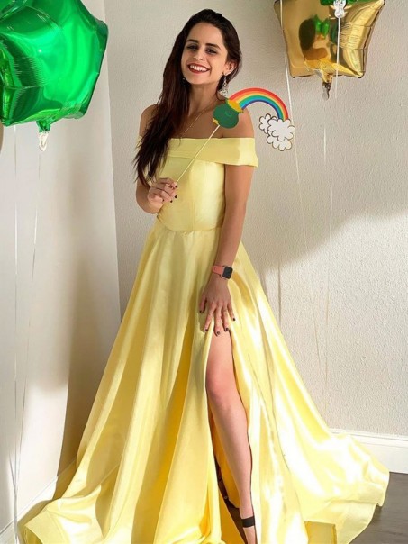 A-Line Long Yellow Off-the-Shoulder Prom Dresses Formal Evening Gowns 995011418
