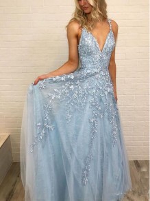 A-Line Lace Appliques V-Neck Long Prom Dresses Formal Evening Dresses 99501142 A-Line Lace Appliques V-Neck Long Prom Dresses Formal Evening Dresses 99501142