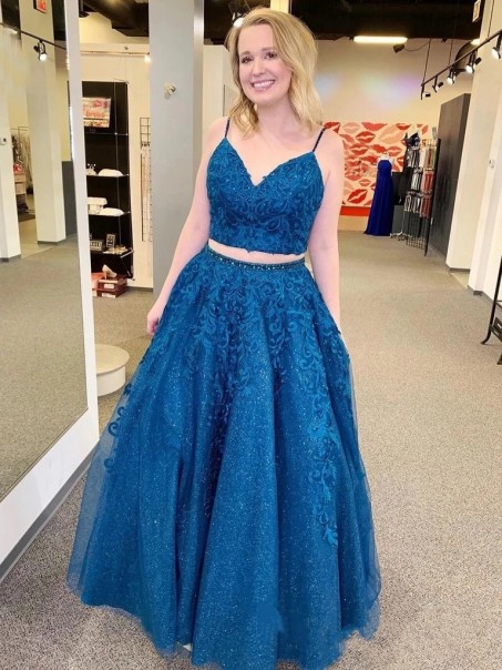 A-Line Lace Sequins Beaded Two Pieces Long Prom Dresses Formal Evening Gowns 995011420