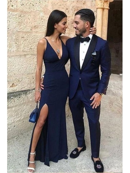 Long Navy Blue V-Neck Prom Dresses Formal Evening Gowns 995011423