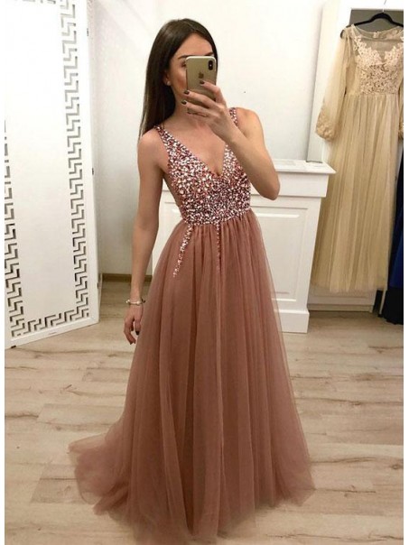 A-Line Beaded V-Neck Tulle Long Prom Dresses Formal Evening Dresses 99501143