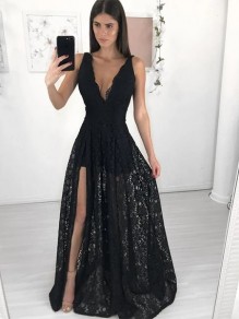 A-Line Long Lace V-Neck Prom Dresses Formal Evening Gowns 995011434 A-Line Long Lace V-Neck Prom Dresses Formal Evening Gowns 995011434