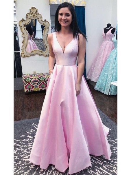 A-Line Long Pink V-Neck Prom Dresses Formal Evening Gowns 995011438