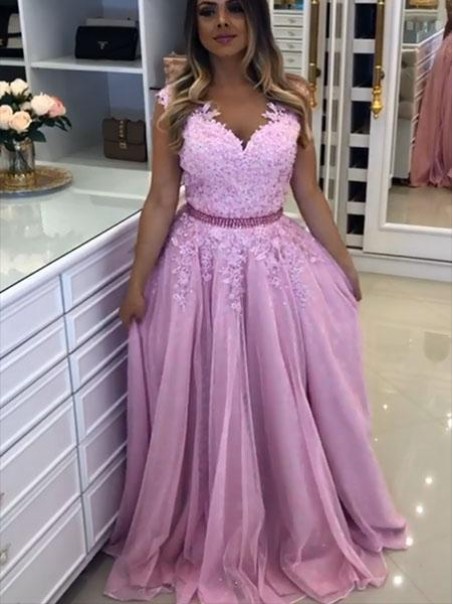 A-Line Beaded Lace Long Tulle Prom Dresses Formal Evening Gowns 995011449