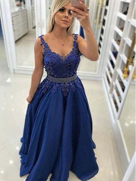 A-Line Beaded Lace Long Prom Dresses Formal Evening Gowns 995011450