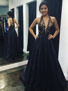 A-Line Halter Lace Long Prom Dresses Formal Evening Gowns 995011465