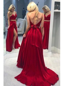 A-Line Long Red Two Pieces Prom Dresses Formal Evening Gowns 995011468