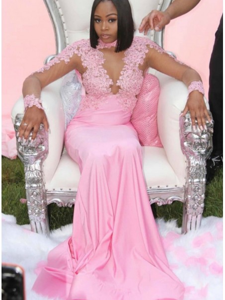 Mermaid Lace Long Sleeves Pink Prom Dresses Formal Evening Gowns 995011490