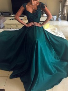 A-Line Long Prom Dresses with Lace Appliques and Beads Formal Evening Dresses 99501150