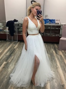 A-Line Beaded Two Pieces Long Prom Dresses Formal Evening Gowns 995011500 A-Line Beaded Two Pieces Long Prom Dresses Formal Evening Gowns 995011500