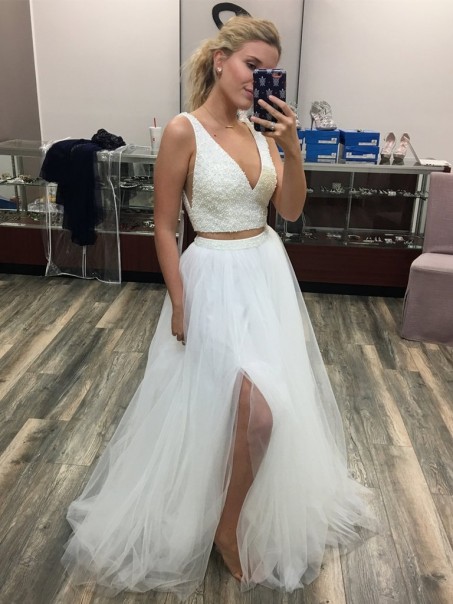 A-Line Beaded Two Pieces Long Prom Dresses Formal Evening Gowns 995011500 A-Line Beaded Two Pieces Long Prom Dresses Formal Evening Gowns 995011500