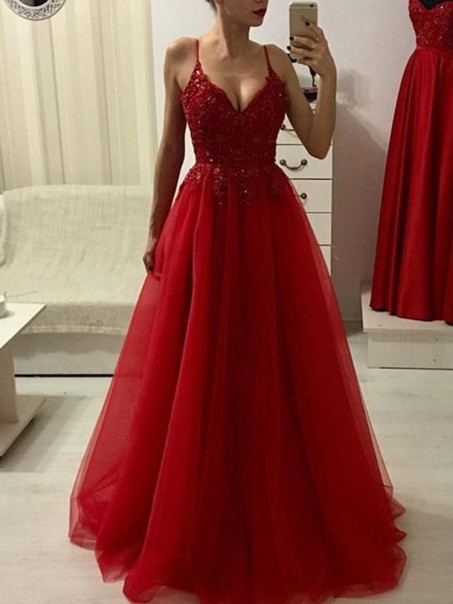 Long Red Spaghetti Strap V-Neck Prom Dresses Formal Evening Dresses 99501151