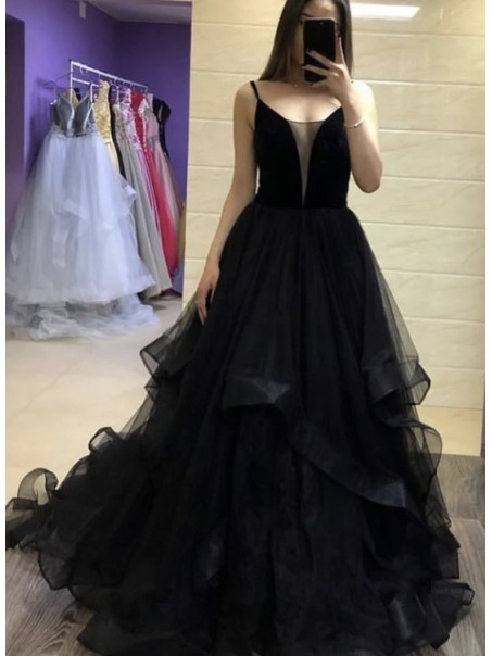 Long Black Tulle Prom Dresses Formal Evening Gowns 995011519