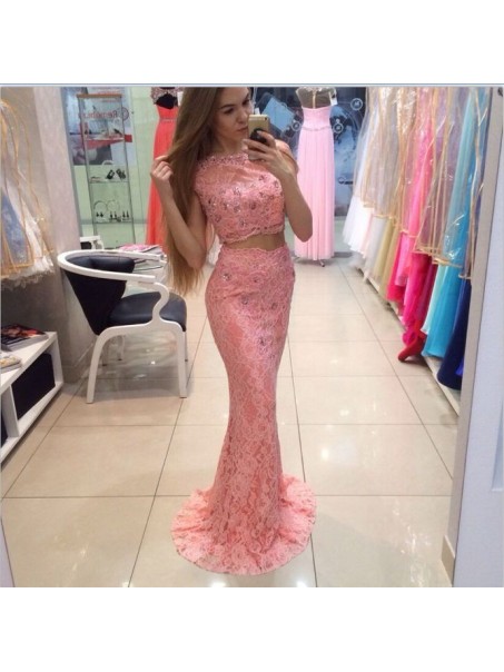 Mermaid Two Pieces Beaded Lace Long Prom Dresses Formal Evening Gowns 995011522