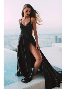 A-Line Long Black V-Neck Prom Dresses Formal Evening Gowns 995011538