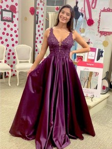 A-Line Lace V-Neck Long Prom Dresses Formal Evening Gowns 995011540