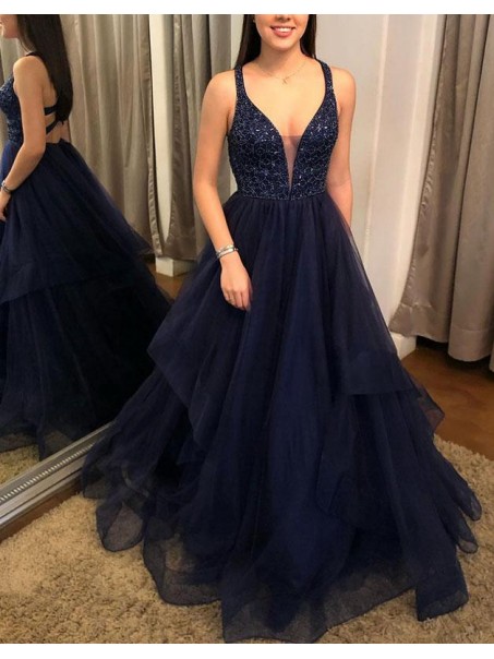A-Line Navy Blue Long Prom Dresses Formal Evening Gowns 995011563