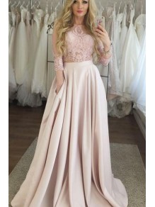 A-Line Lace Satin Two Pieces Long Prom Dresses Formal Evening Gowns 995011577 A-Line Lace Satin Two Pieces Long Prom Dresses Formal Evening Gowns 995011577
