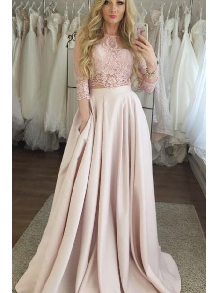 A-Line Lace Satin Two Pieces Long Prom Dresses Formal Evening Gowns 995011577 A-Line Lace Satin Two Pieces Long Prom Dresses Formal Evening Gowns 995011577