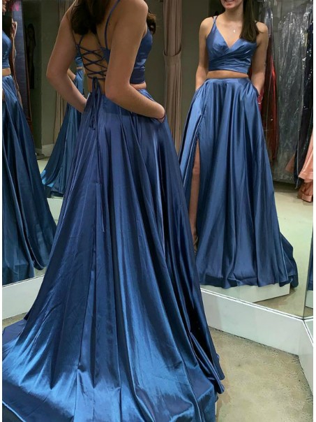 A-Line Two Pieces Long Prom Dresses Formal Evening Gowns 995011581