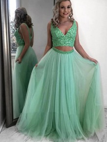 A-Line Beaded Two Pieces Long Prom Dresses Formal Evening Gowns 995011584 A-Line Beaded Two Pieces Long Prom Dresses Formal Evening Gowns 995011584