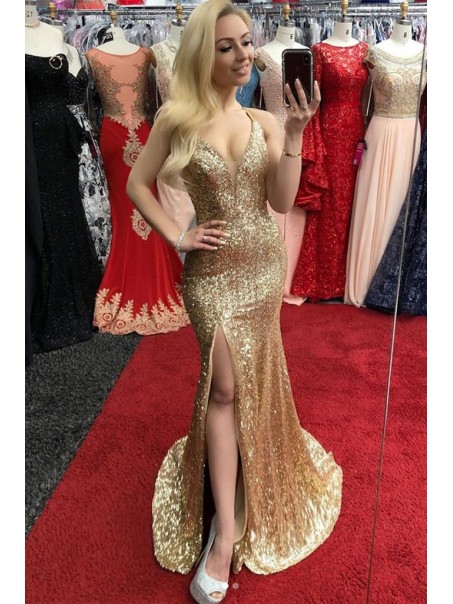 Mermaid Gold Sequins Long Prom Dresses Formal Evening Gowns 995011602