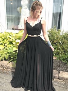 Long Black Beaded Lace Two Pieces Prom Dresses Formal Evening Gowns 995011606 Long Black Beaded Lace Two Pieces Prom Dresses Formal Evening Gowns 995011606