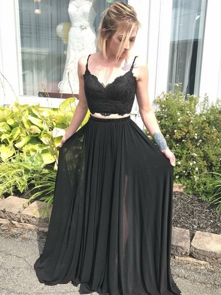 Long Black Beaded Lace Two Pieces Prom Dresses Formal Evening Gowns 995011606 Long Black Beaded Lace Two Pieces Prom Dresses Formal Evening Gowns 995011606