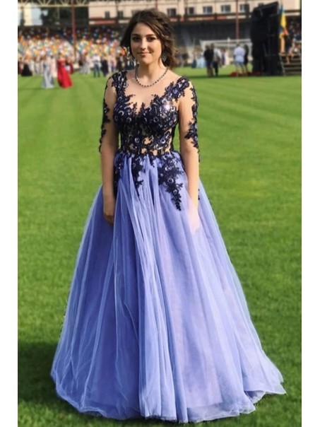 A-Line Lace Tulle Long Prom Dresses Formal Evening Gowns 995011609