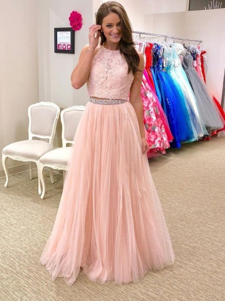 A-Line Beaded Lace Tulle Long Prom Dresses Formal Evening Gowns 995011612