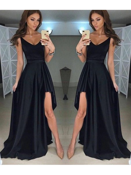 Long Black Asymmetrical V-Neck Prom Dresses Formal Evening Gowns 995011615