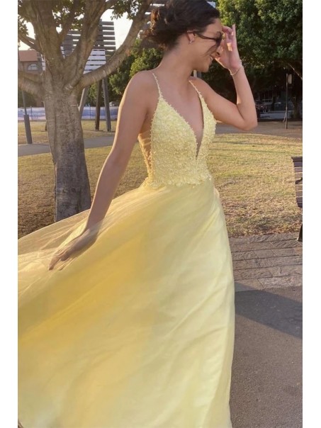 A-Line Beaded Lace Long Yellow Prom Dresses Formal Evening Gowns 995011620