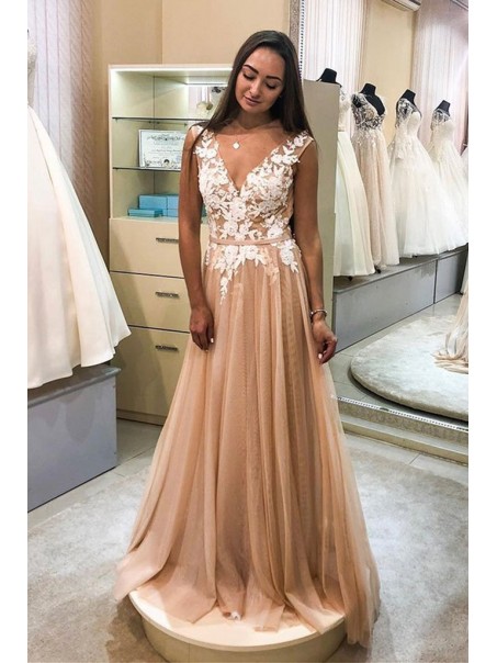 A-Line Tulle Lace V-Neck Long Prom Dresses Formal Evening Gowns 995011622