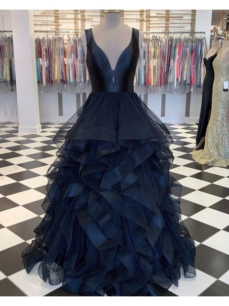 Long Navy V-Neck Prom Dresses Formal Evening Gowns 995011625