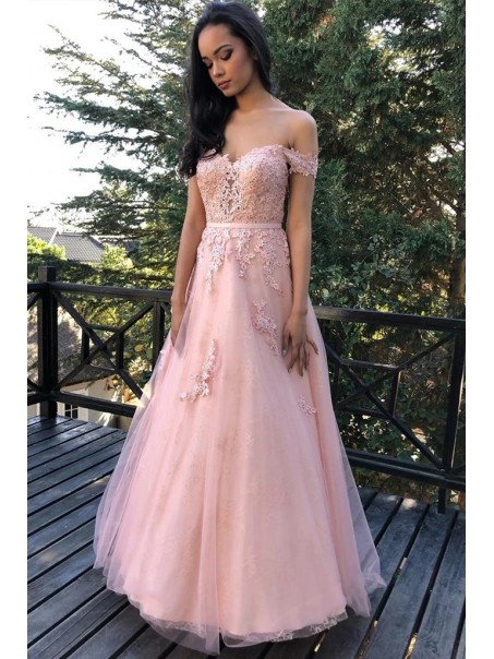 A-Line Long Pink Lace Prom Dresses Formal Evening Gowns 995011630