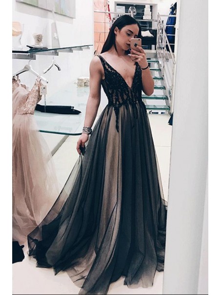 A-Line Lace Tulle Long Prom Dresses Formal Evening Gowns 995011649