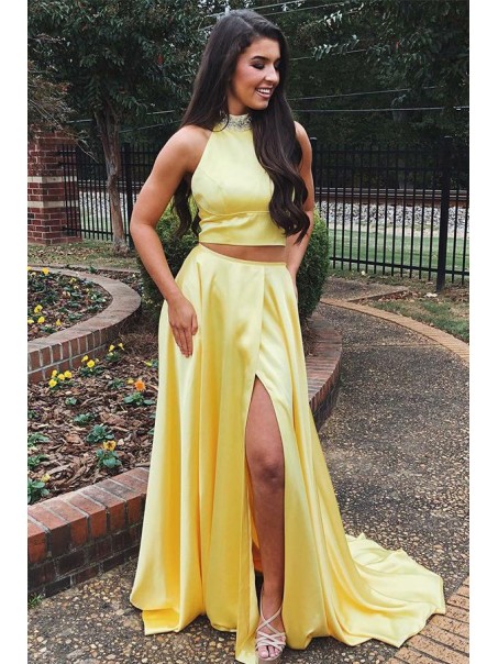 A-Line Beaded Two Pieces Long Yellow Prom Dresses Formal Evening Gowns 995011651