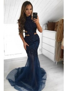 Mermaid Beaded Lace Long Prom Dresses Formal Evening Gowns 995011653