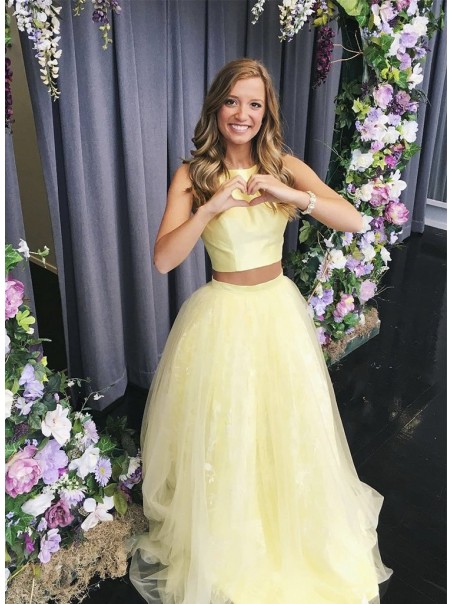 A-Line Two Pieces Long Yellow Prom Dresses Formal Evening Gowns 995011656