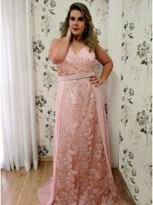 Long Beaded V-Neck Lace Chiffon Plus Size Prom Dresses Formal Evening Dresses 99501168
