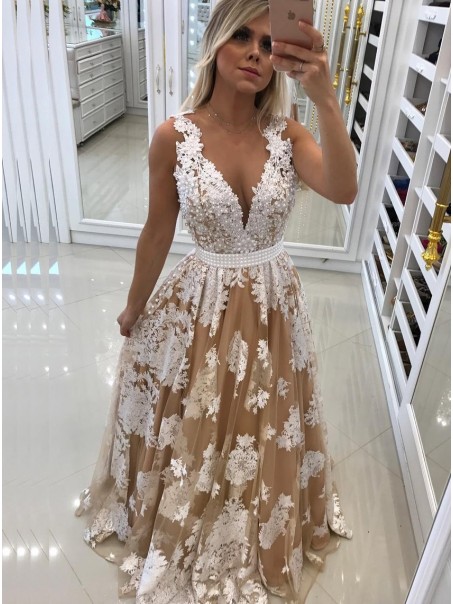 A-Line V-Neck Beaded Lace Long Prom Dresses Formal Evening Dresses 99501170