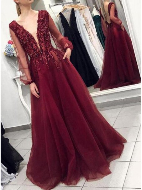 Long Beaded V-Neck Lace Appliques Prom Dresses Formal Evening Dresses 99501171