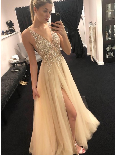 A-Line Beaded V-Neck Long Prom Dresses Formal Evening Dresses 99501173
