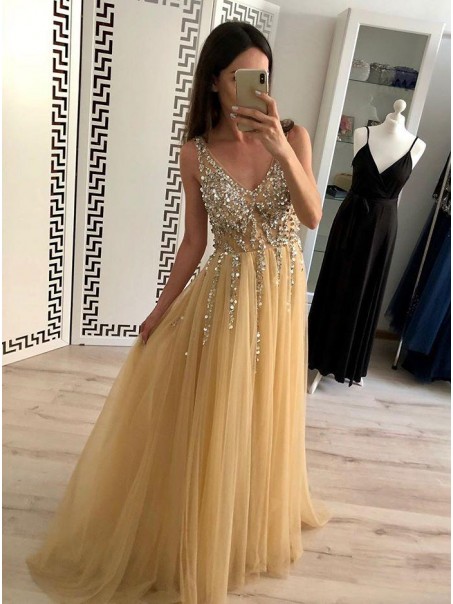 A-Line Beaded Tulle V-Neck Long Prom Dresses Formal Evening Dresses 99501179 A-Line Beaded Tulle V-Neck Long Prom Dresses Formal Evening Dresses 99501179
