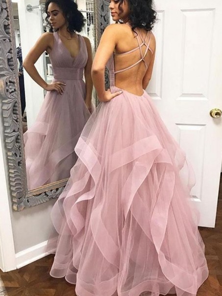Long Tulle V-Neck Prom Dresses Formal Evening Dresses 99501189