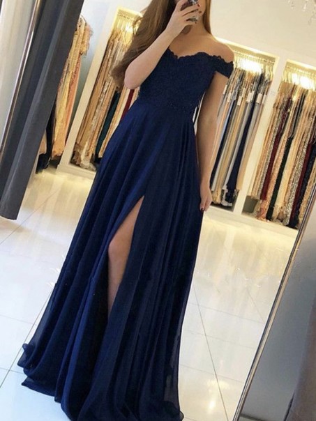 Chiffon Lace Off-the-Shoulder Long Prom Dresses Formal Evening Dresses 99501192