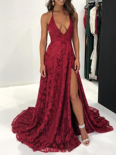 Halter Lace V-Neck Long Prom Dresses Formal Evening Dresses 99501193 Halter Lace V-Neck Long Prom Dresses Formal Evening Dresses 99501193