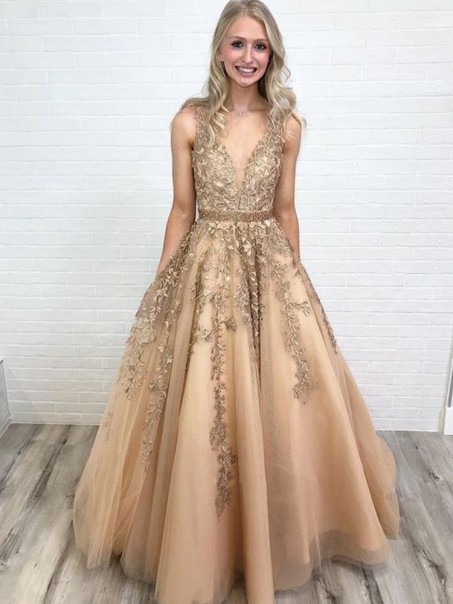 A-Line V-Neck Beaded Lace Long Prom Dresses Formal Evening Dresses 99501202